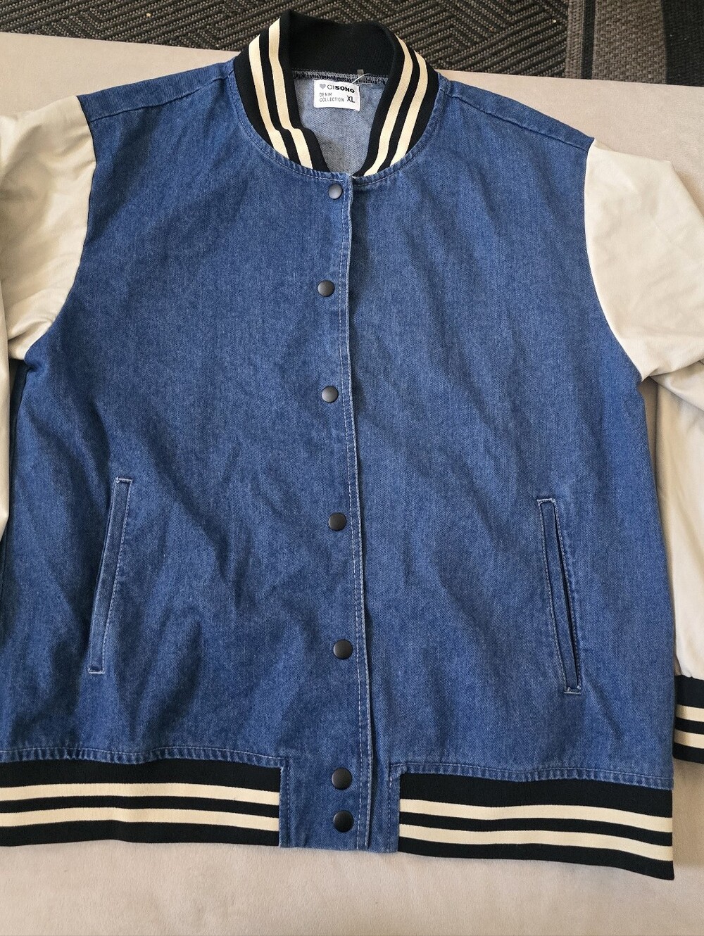 Cisono Denim Varsity Jacket - Blue with Cream Sleeves Xl